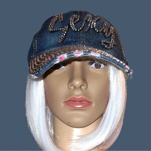 Awesome distressed jean cap with sexy on front and sparkly!